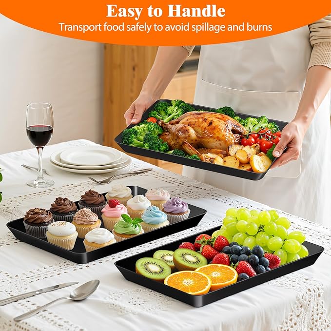SpaceTrove 10-Pack Serving Tray Set, Reusable Plastic Serving Platter for Party Supplies, Entertaining, Grilling Accessories, Stackable Kitchen Snack Container for Dessert, Fruit, Cookie, (Black)