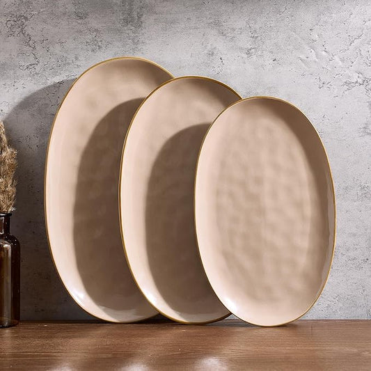 famiware Serving Platter, Oval 15.59/14.3/12.9 inch Serving Dishes for Entertaining, Serving Bowls, Microwave Safe, Stonware Serving Trays for Party, Turkey, Cheese, Ocean Series, Cinnamon Brown