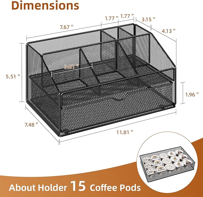 VITVITI Coffee Station Organizer for Countertop, Metal Coffee Bar Organizer Basket with Drawer, 6 Compartments Bar Station Holder for Pods Tea Bag, Black