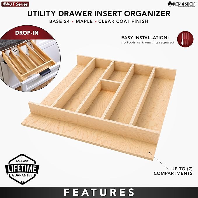 Rev-A-Shelf Natural Maple Right Size Utensil Insert Home Storage Kitchen Organizer 7 Compartment Drawer Accessory, 19-1/4" x 19-1/2", 4WUT-24SH-1