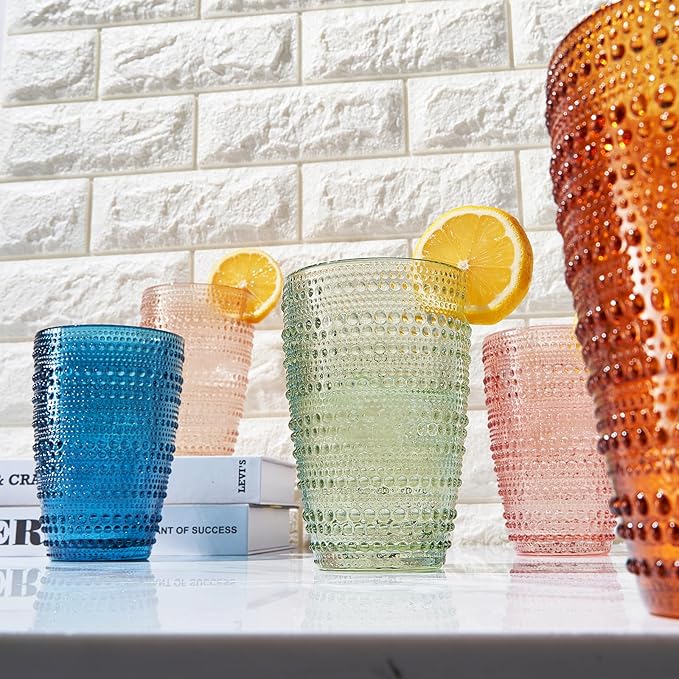 Khen Beaded Highball Tumbler Drinking Glasses Set | Set of 6 | Vintage Hobnail Bubble Design Whiskey Glassware, Old-Fashioned, Art Deco Glass for Water, Wine, Cocktail Dishwasher Safe (14.6 OZ)