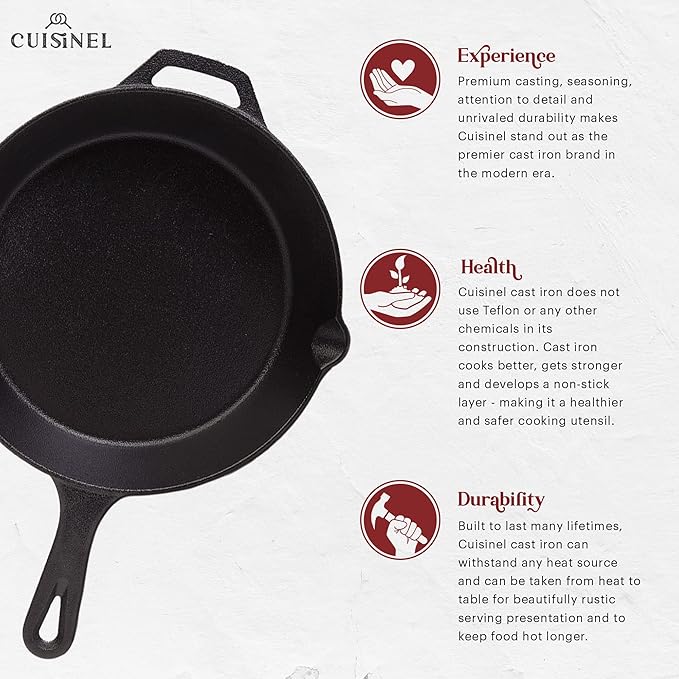 Cuisinel 6"+8"+10+12"-Inch Cast Iron Skillets Set + Glass Lids + Silicone Handle Grips - Pre-Seasoned Frying Pan - Oven Cookware - Use Indoor/Outdoor, Grill, Stovetop, Fire, Camping, Kitchen