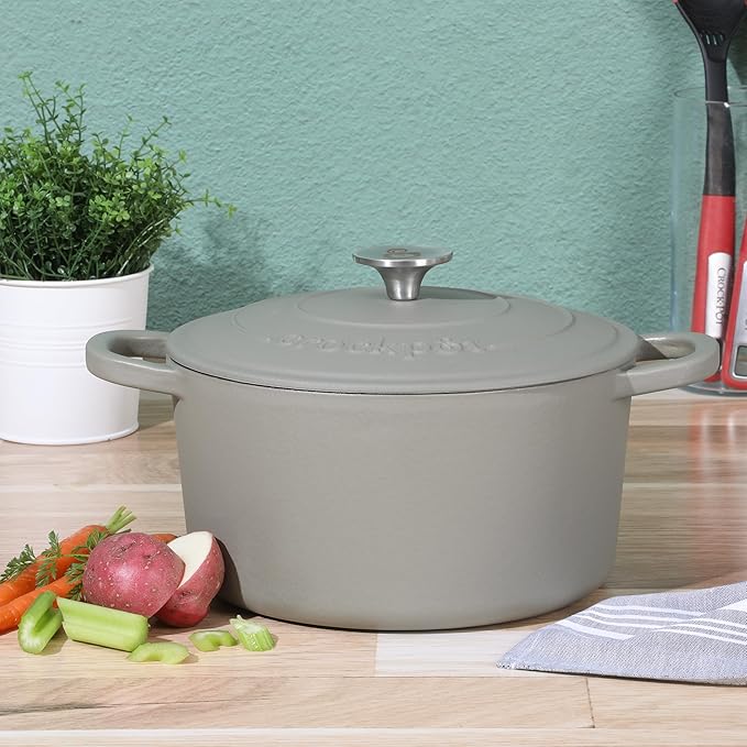 Crock-Pot Artisan 5-Quart Round Cast Iron Dutch Oven with Lid – Matte Green, Durable Oven Safe Cookware