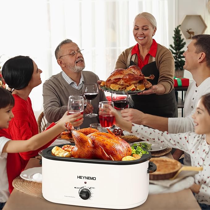 26Qt Turkey Roaster Oven Buffet with Self-Basting Lid, 1450W Stainless Steel Electric Roaster Oven with Cool-Touch Handles, Removable Pan and Rack, White