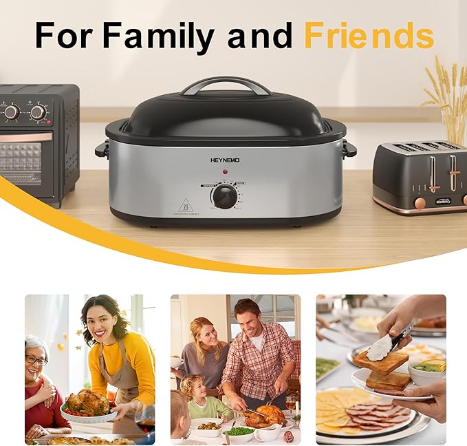 18 Quart Roaster Oven with Self-Basting Lid, Large Electric Turkey Roaster Oven with Defrost & Warm Function, Adjustable Temperature, Removable Pan & Rack, Stainless Steel, Silver