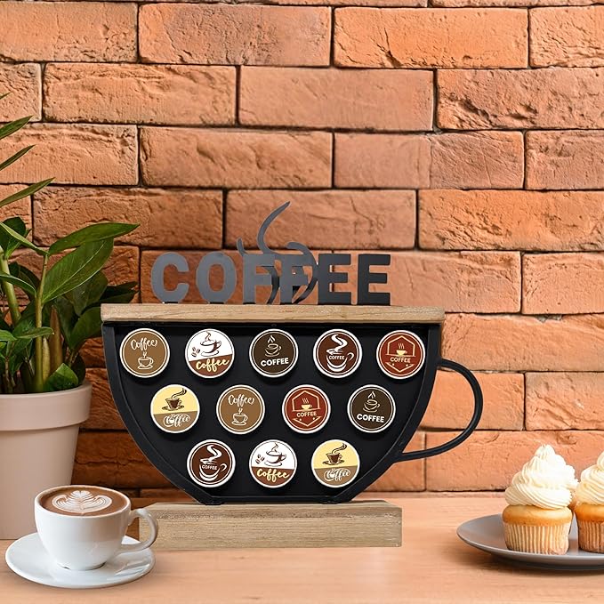 Black Coffee Pod Holder compatible with K-Cups – Metal & Wood Coffee Bar Functional Décor, Café Station Countertop Storage, Space-Saving Coffee Rack, Great Gift for Coffee Lovers, Home, Office, Café