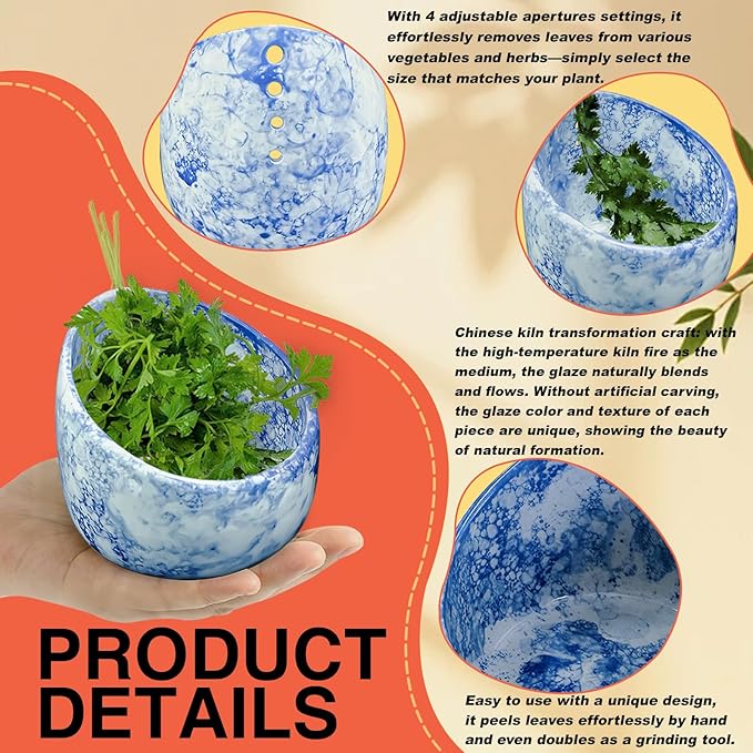 Chinese Kiln Transformation Blue and White Pattern Ceramic Herb Stripper Bowl - Pottery Herb Stripper, Kitchen for Efficient Kale/Cilantro/Thyme Leaf Removal