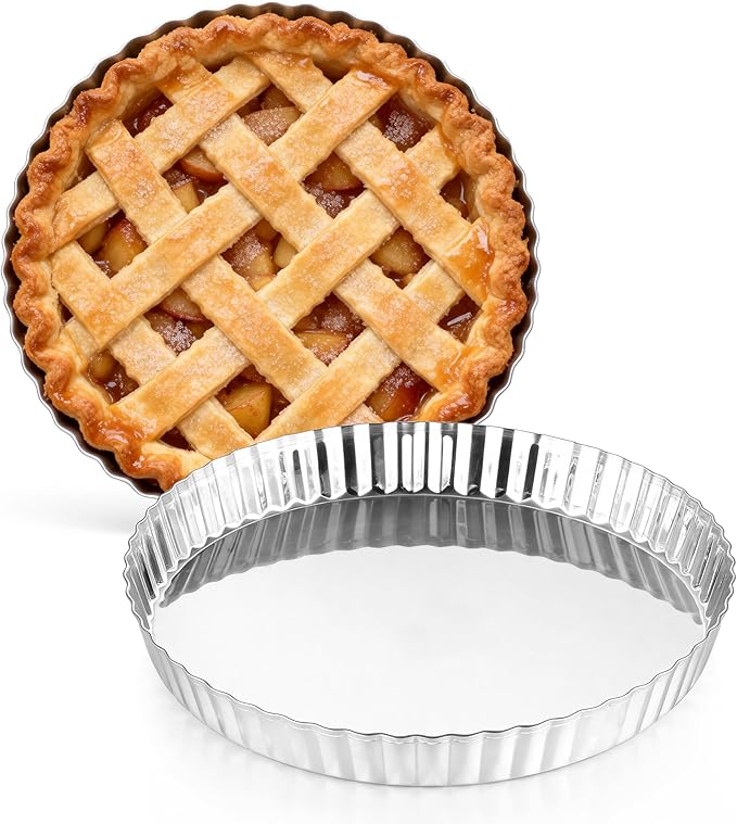 TeamFar 2 Pack Tart Pans, 9.5 Inch Stainless Steel Round Tart Pie Pan, Metal Quiche Baking Dish with Fluted Side for Baking Fruit Tarts, Quiches, Pies, Mousse Cakes, Heavy Duty & Dishwasher Safe