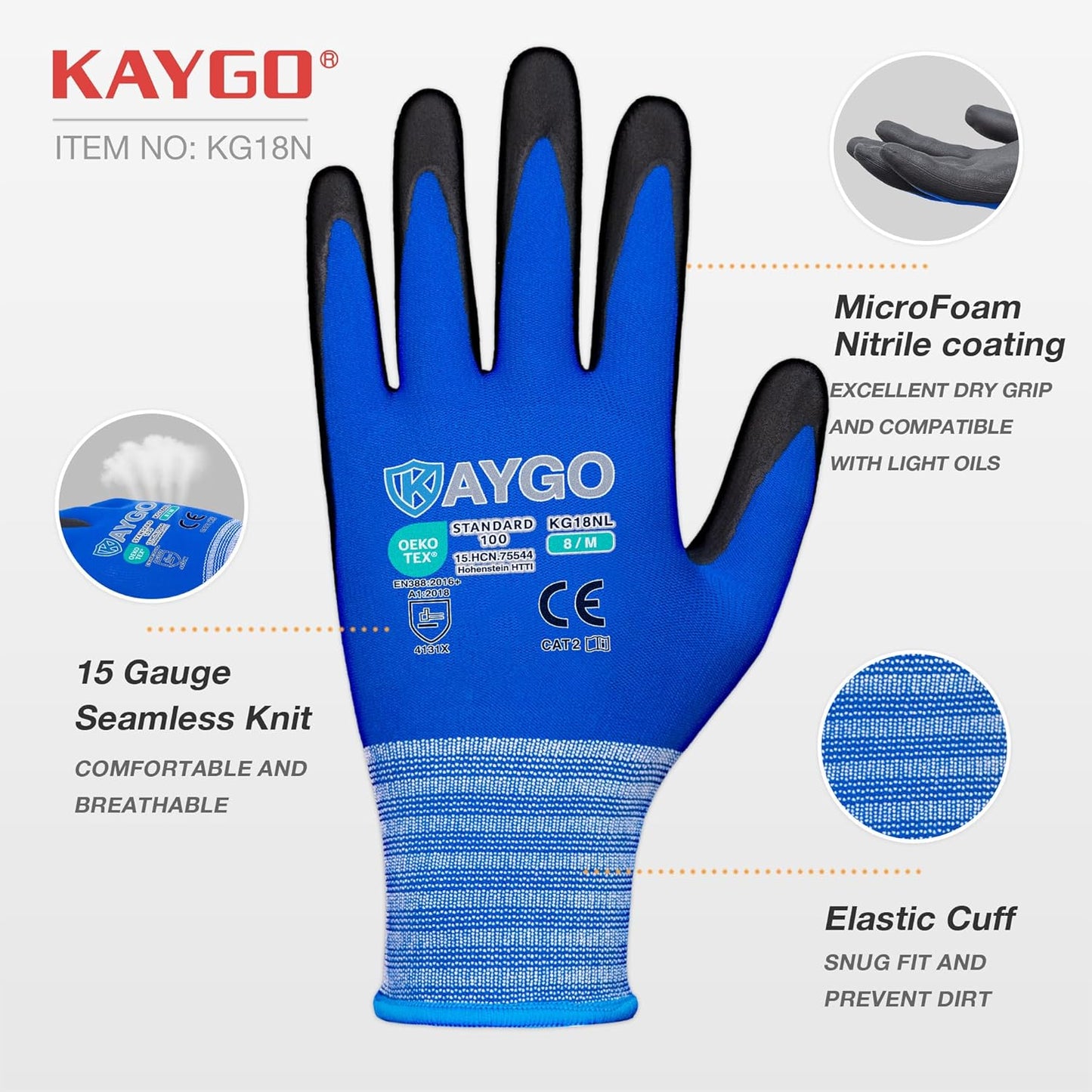 KAYGO Safety Work Gloves MicroFoam Nitrile Coated-12 Pairs, KG18NB,Seamless Knit Nylon Glove with Black Micro-Foam Nitrile Grip,Ideal for General Purpose,Automotive,Home Improvement,S