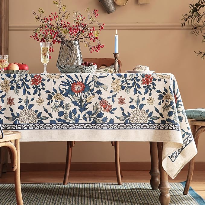 patdrea Designer Blue Tablecloth for Rectangle Table,Vintage Linen with Leaves and Floral Pattern Tablecloths,Farmhouse Decor Cover for Kitchen Dining Christmas,Thanksgiving,55"x87"-Ivar a