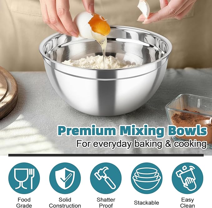 TeamFar Mixing Bowls, Stainless Steel Nesting Salad Bowls with Airtight Lids Set, For Serving/Mixing/Storing, Healthy & Heavy-duty, Dishwasher Safe & Easy Clean, 4.6/3 / 1.5 QT, Navy Blue