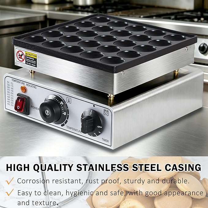 Mini Pancake Maker, 25-Cup Commercial Dutch Pancake Machine, 950W Non-Stick Electric Poffertjes Maker with Temp & Timer for Restaurant, Food Truck, Breakfast Shop