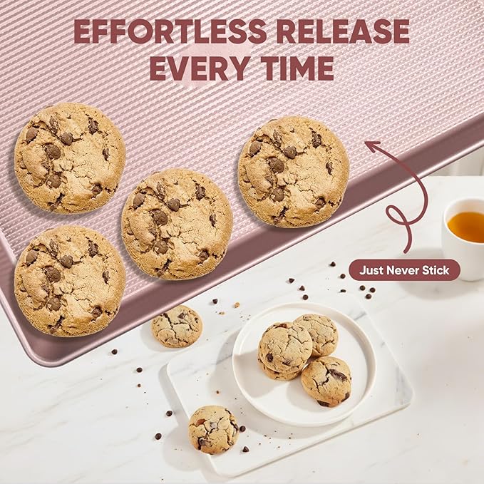 Sakerplus Nonstick Baking Sheet Pan Set of 3, Heavy Duty Cookie Sheets for Oven with Stripe Texture Pattern, 0.6mm Thick Quarter/Half/Jelly Roll Pans, Rust-Resistant & Easy Clean (Pink)