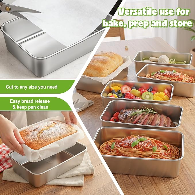 4 Packs 8.8×5.9 Inch Loaf Pans for Baking Bread, 304 Stainless Steel Loaf Bread Pan with Parchment Paper Liners, Metal Bakeware for Bread, Meatloaf, Cake Brownies, Easy Release, Oven & Dishwasher Safe