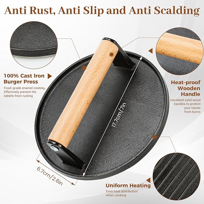 Smash Hamburger Press Kit,Around Burger Press,Hamburger Spatula and Stainless Steel Tongs with Wooden Handle,Heavy-Duty Cast Iron Grill Press for Bacon, Hamburgers, Eggs, Sandwiches,Steak