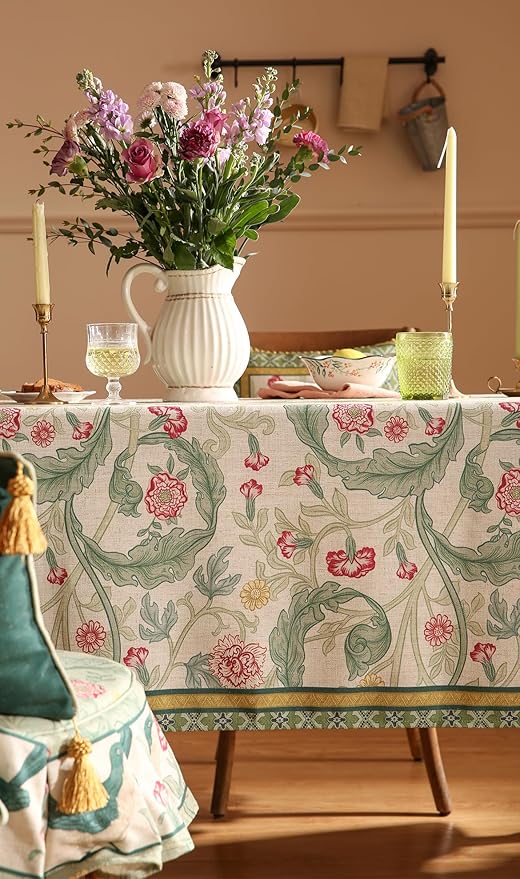 patdrea Designer Linen Green Square Tablecloth,Leaves Pattern Floral Durable Vintage Table Cloth,Decoration Table Cover for Kitchen Dining Christmas,Thanksgiving,Tea Party,67"x67"-Cecilia a