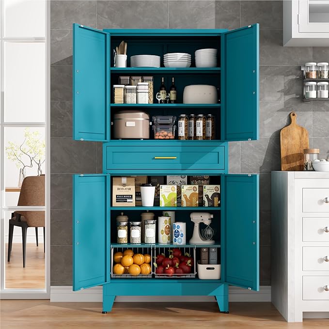 71" Tall Pantry Storage Cabinet with Drawer and Adjustable Shelves, Freestanding Tall White Kitchen Cupboard Storage Cabinet for Kitchen,Dining Room, Living Room, Blue