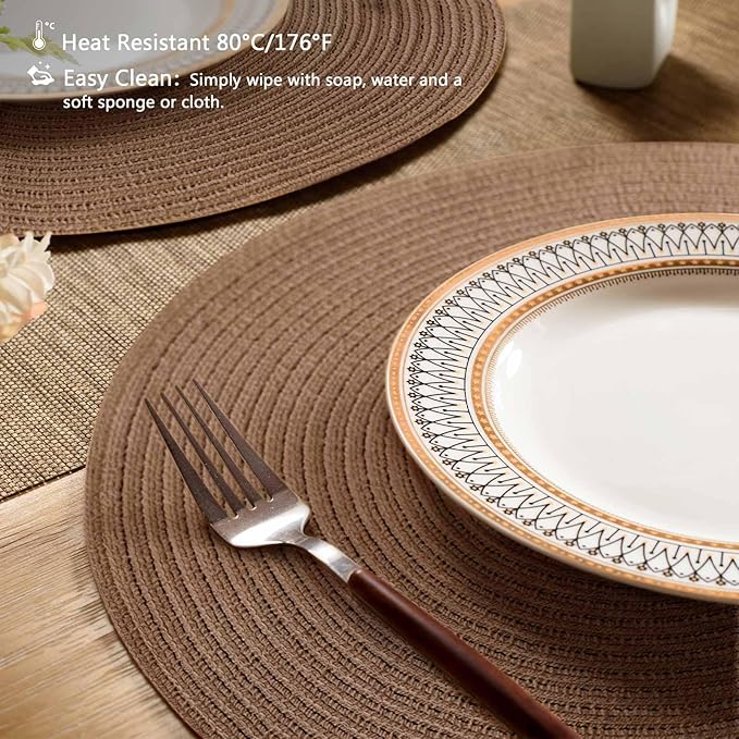 FunWheat Round Braided Placemats Set of 6 Place mats for Dining Tables Woven Heat Resistant Table Mats 15 inch (Brown,6pcs)