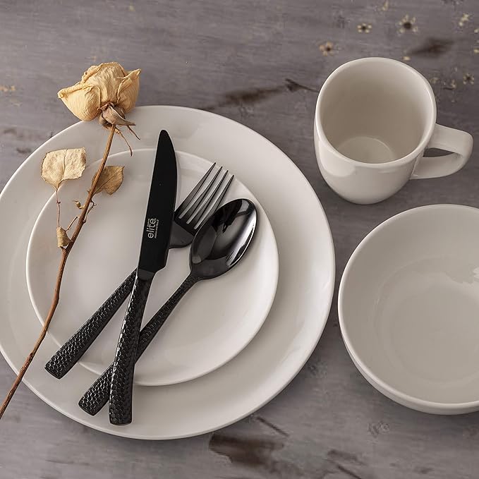 Gibson Home Oslo 8-Piece Dinner Plate Set – Porcelain, Chip & Scratch Resistant, White with Black Rim – Modern Round Plates for Everyday Use & Entertaining