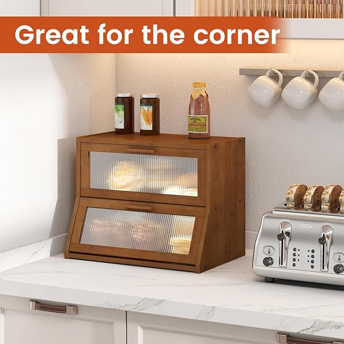 GHWIE Double Layer Bamboo Bread Box for Kitchen Counter,Large Capacity Bread Storage Bin,Bread Container with Acrylic Wavy Door Panel (Brown, Medium)