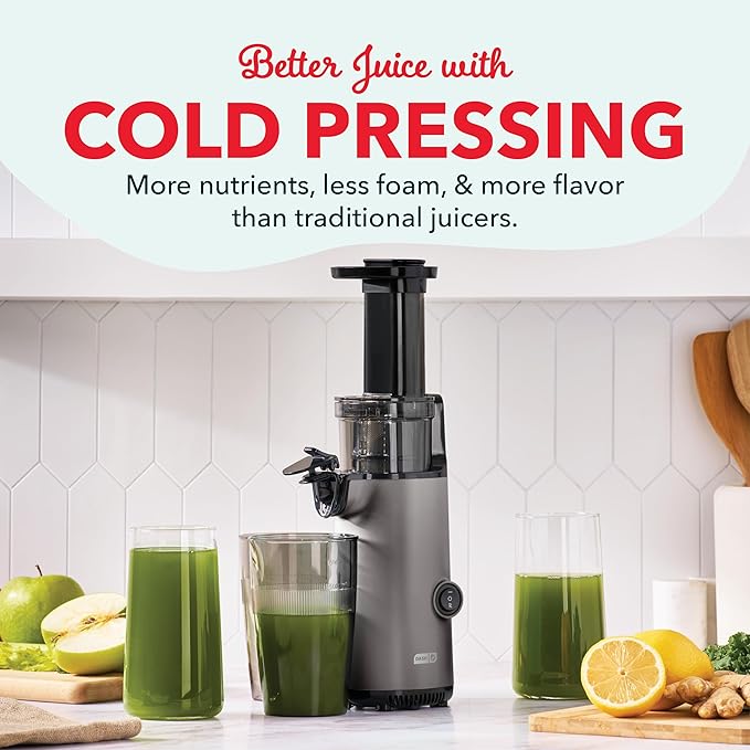 DASH Deluxe Compact Masticating Slow Juicer, Easy to Clean Cold Press Juicer with Brush, Pulp Measuring Cup, Frozen Attachment and Juice Recipe Guide - Graphite