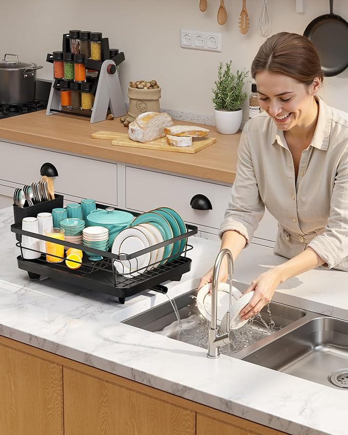 Sakugi Stainless Steel Dish Drying Rack for Kitchen Counter, Sink Organization and Storage Essentials with Silverware & Utensil Holder, Home and Apartment Decor, 12''W x 15.5''L, Black