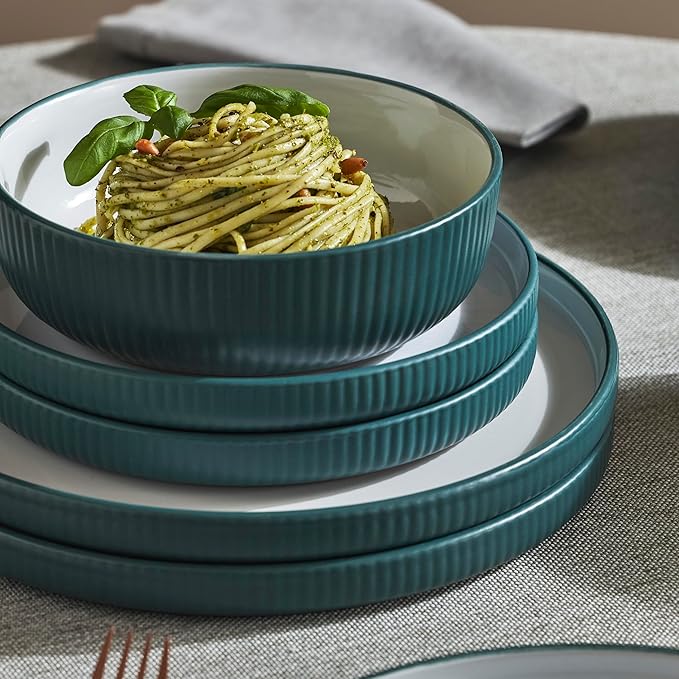 Christian Siriano Laro 24-Piece Stoneware Dinnerware Set, Plates and Bowls Set, Microwave and Dishwasher Safe, Dish Set for 8, Green