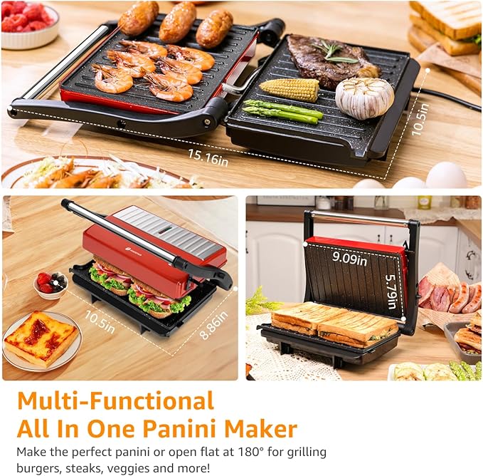 Panini Press Grill, Aigostar 1000W Sandwich Maker with Ceramic Non-stick Plates, Opens 180 Degrees for Any Size Food, 3-in-1 Sandwich Press Electric Grill, Drip Spout & Locking Lid, Red