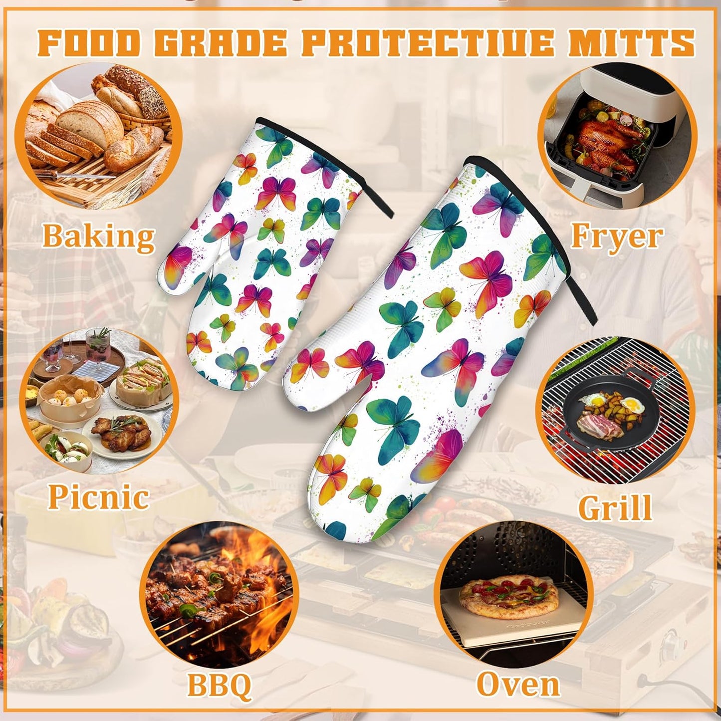 Colorful Butterfly Oven Mitts and Pot Holders,Heat Resistant Oven Mitts Gloves and Pot Holder for Home Kitchen Decorations Cooking Baking BBQ Gifts,Set of 4