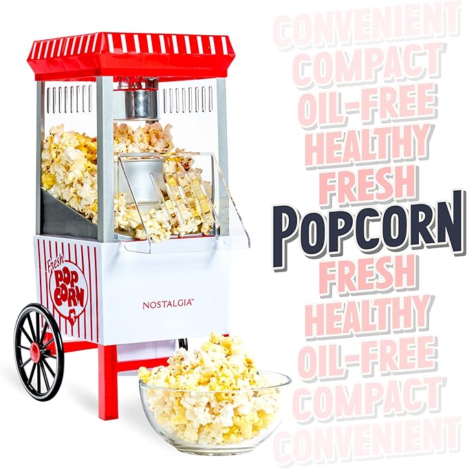 Nostalgia Vintage Hot-Air Popcorn Maker Machine - Makes Up to 12 Cups - Oil-Free - Healthier Popcorn - Classic Stand-Up Cart With Wheels - Includes Kernel Measuring Cup - White & Red