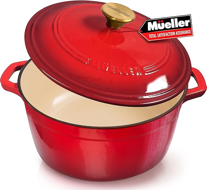 Mueller 6qt Enameled Cast Iron Dutch Oven, Heavy-Duty Casserole and Braiser Pan with Lid and Knob, Oven-Safe up to 500° F & Across All Cooktops, Red