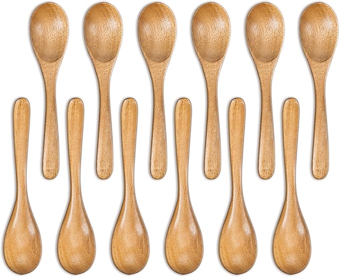 INTAJ 12 PCS Small Wooden Spoons, 5 Inch Honey Spoons for Tea, Hardwood Wooden Honey Teaspoon for Coffee, Little Tiny Wood Spoons, Bamboo Table Spoon for stirring, Wooden Spoons for Utensils Set