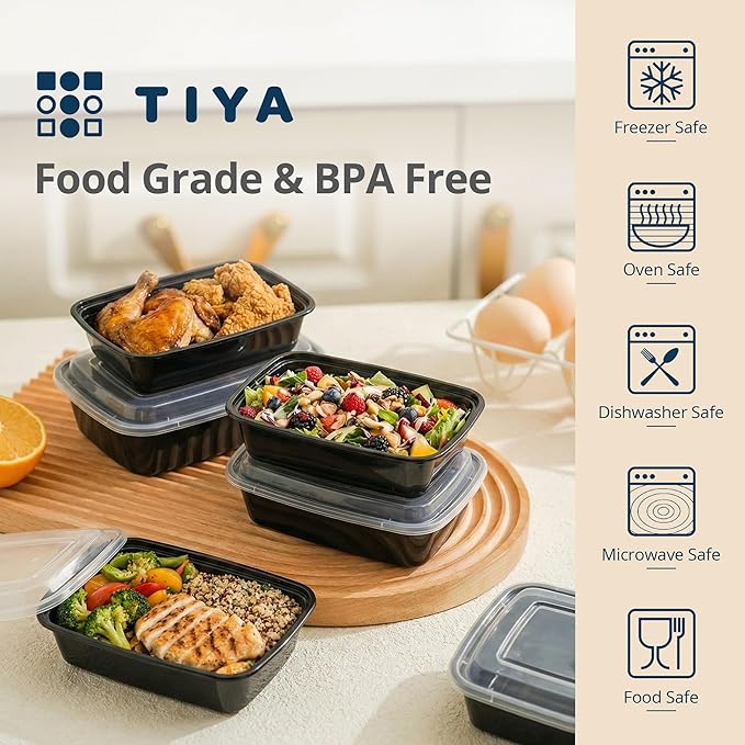 Tiya Meal Prep Containers with Lids - 150 Pack 12 oz BPA-Free Plastic Food Storage Containers Leak-Proof, Microwave, Dishwasher & Freezer Safe Reusable To-Go Boxes for Portion Control & Catering