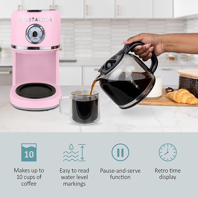 Nostalgia Classic Retro 10 Cup Coffee Maker - One-Touch Drip Brew, Reusable Filter - Anti-Drip, Auto Shutoff, & Time Display - Dishwasher Safe 50 oz Carafe - Pink