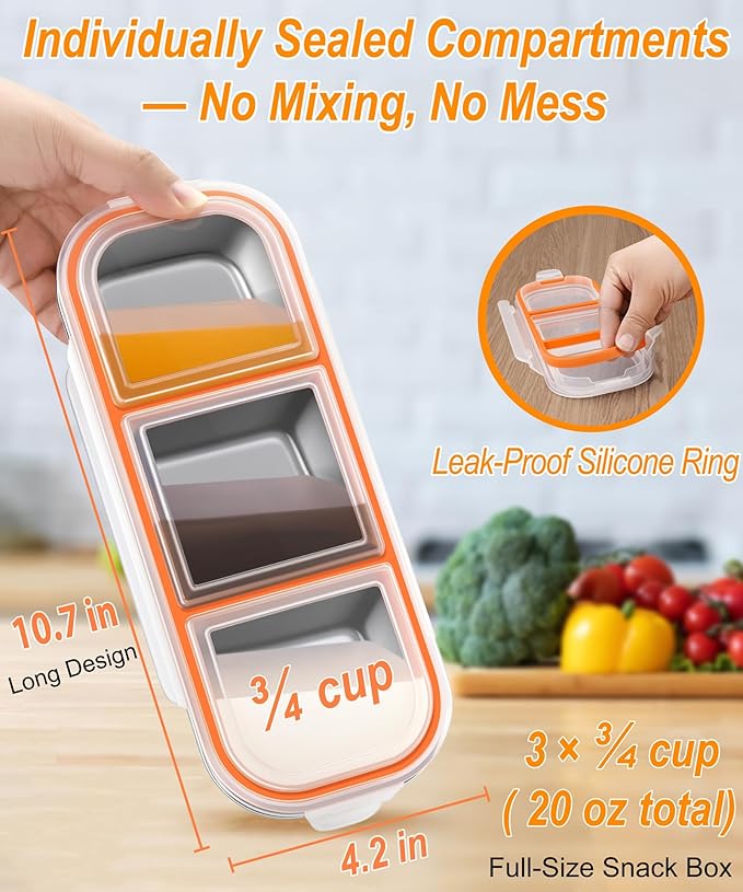 KTKUDY 3 Pack Stainless Steel Snack Container for Kids & Adults - Large - Leak-Proof 3-Compartment Stackable Snack Lunch Box for Daycare, School, Work & Travel