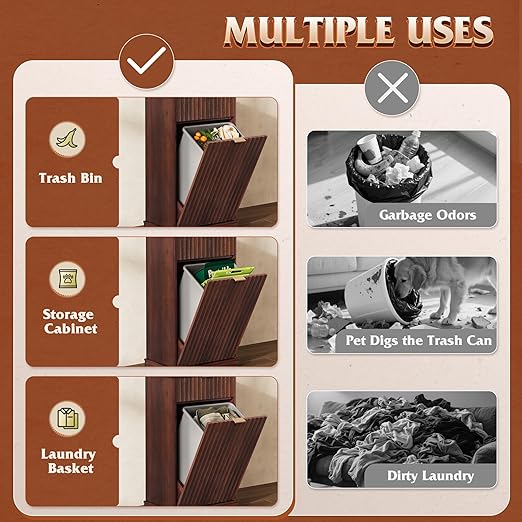 WLIVE 10 Gallon Trash Can Cabinet, Tilt Out Garbage Can Cabinet with Storage Drawers,Food/Clothes Storage Pet Proof Wooden Trash bin, Hidden Laundry Hamper for Kitchen, Home, Laundry (Brown)