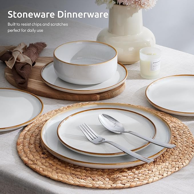 E-far Plates and Bowls Set for 2, 6-Piece Stoneware Dinnerware Sets, Ceramic Dinning Ware Reactive Glaze Dishes Set, Microwave & Dishwasher Safe - Seashell White