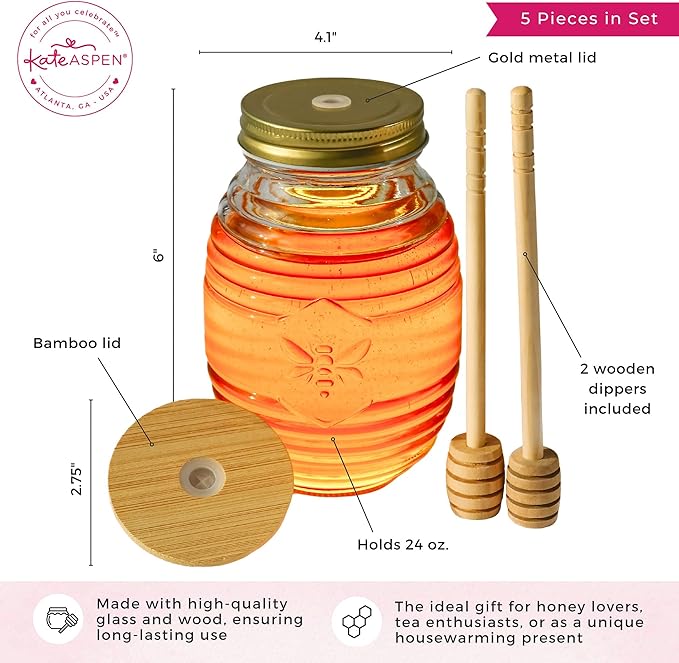 Kate Aspen 24oz. Bee Hive Shaped Honey Glass Mason Jar with Two Wooden Honey Dippers, Bamboo & Metal Lid, Kitchen Decor, Bumblebee Baby Shower Prize, Take Home Gift, Bee Decorations