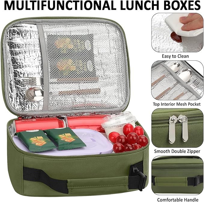 Lunch Box Kids Insulated Lunch Bag for Boys Girls Cute Reusable Lunch Tote Bag Waterproof Portable Thermal Lunch Box Kids for School Picnic Travel Green