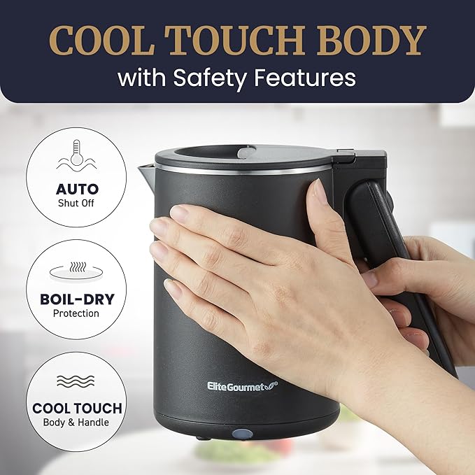 Elite Gourmet Dual Voltage 120-230V, Travel Double Wall Insulated Cool-Touch, 0.6L Electric Kettle Stainless Steel Interior, Hinged-Locking Lid, Auto Shut-Off, Boil Dry Protection, Black