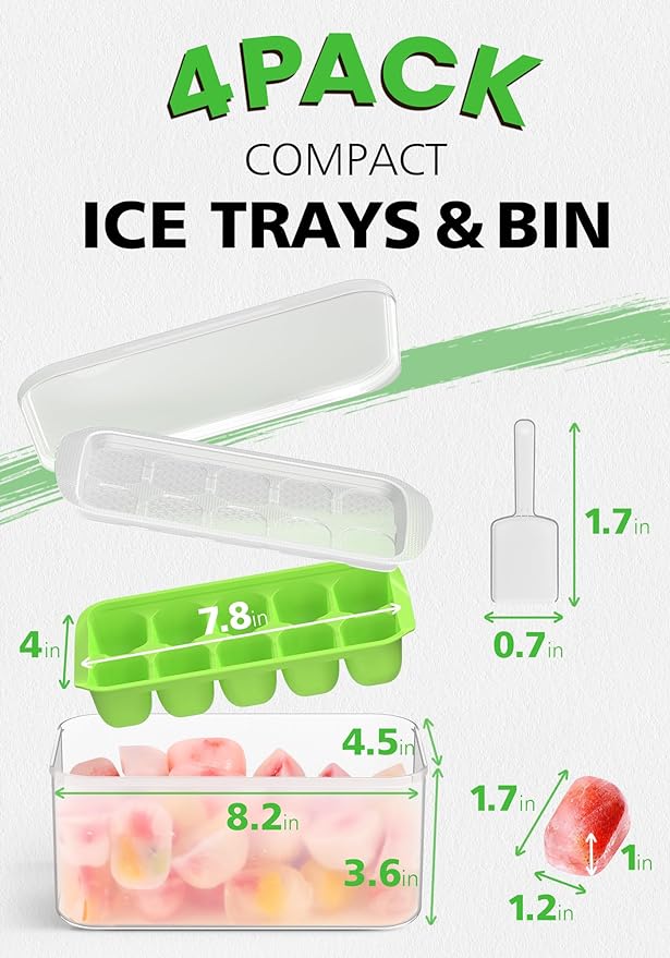DOQAUS Ice Cube Tray with Lid and Bin - 4 Pack Ice Bucket Kits, Stackable Silicone Ice Trays for Freezer, Easy Pop Out, BPA Free for Cocktail, Coffee, Soup, Food, RV, Kitchen