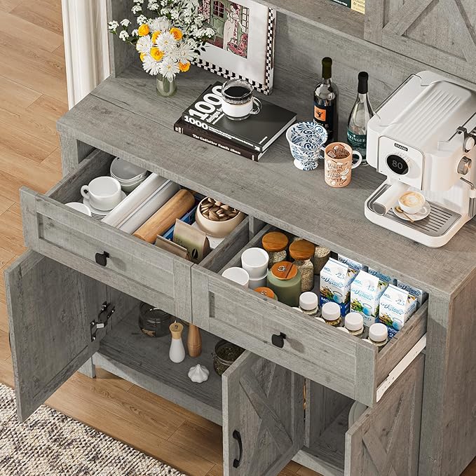 67.7 Inch Farmhouse Pantry Storage Cabinet with Sliding Barn Doors, 2 Drawer Farmhouse Coffee Cabinet with Adjustable Shelf, Side Board with Buffet Cupboard Livingroom Kitchen, Grey
