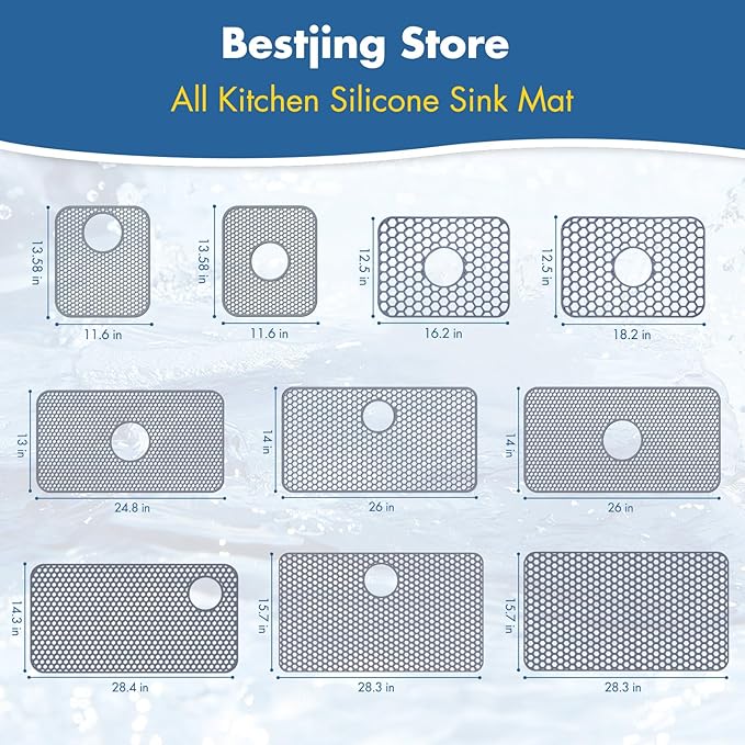 Bestjing Silicone Sink Protectors for Kitchen Sink with Center Drain - 16.2"x12.5" Kitchen Accessory, Non-Slip Heat Resistant Sink Mat for Bottom of Farmhouse Porcelain Stainless Steel Sink