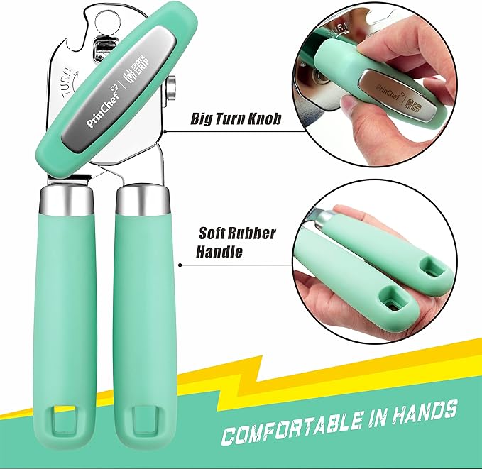 PrinChef Can Opener Manual, Can Tin Bottle Opener with Magnet - No-Trouble-Lid-Lift, Handheld Can Opener Smooth Edge with Sharp Blade, Heavy Duty and Easy to Use, for Seniors with Arthritis, Green
