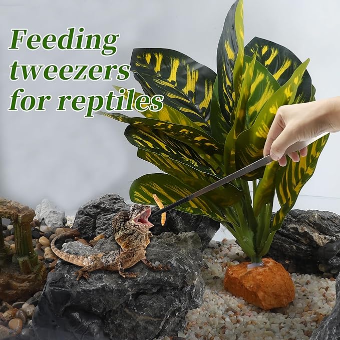Reptile Stainless Steel Lizard Aquarium Straight Feeding Tweezers with Rubber Tip, Terrarium Feeding Tongs, 14.96" L, Black Silver Tone