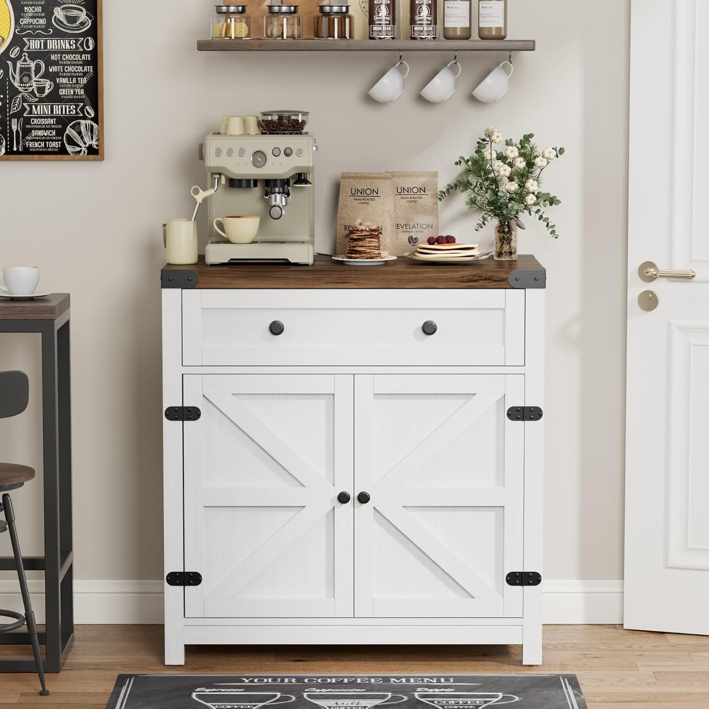 YESHOMY Farmhouse Coffee Bar Cabinet Sideboards, with Barn Doors, Spacious Drawer, Adjustable Interior Shelf, Generous Top Surface, for Kitchen, Bathroom, Entryway, Living Room, Pure White