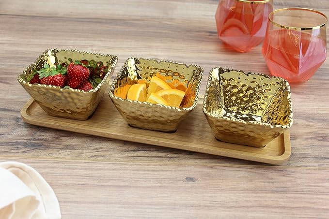 ampa Bay Gold Porcelain Entertaining Set, 3 Square Snack Bowls with Wood Tray