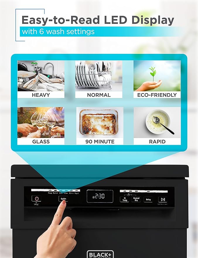BLACK+DECKER 18-Inch Portable Dishwasher, 8-Place Setting Capacity, Mobile Dish Washer with 6 Wash Programs, LED Display, Stainless Steel Tub, ENERGY STAR Certified, BPD8B, Black