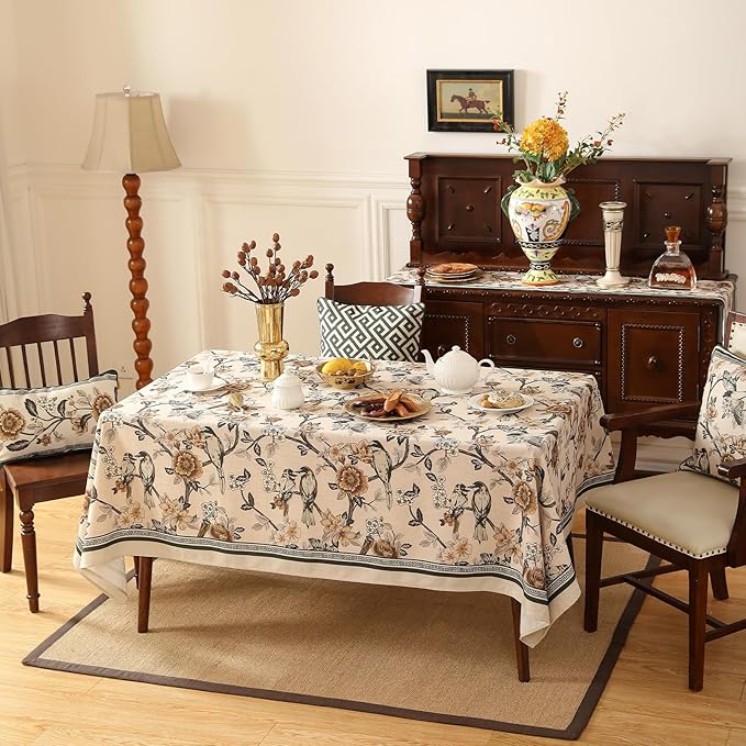 ISAENNE Designer Vintage Linen Extra Long Tablecloth Rectangle,Floral and Bird Pattern Elegant Table Cloth,Fall Wrinkle Resistant Decor Tablecloths for Dining Kitchen Christmas,63"*110"-Murad A