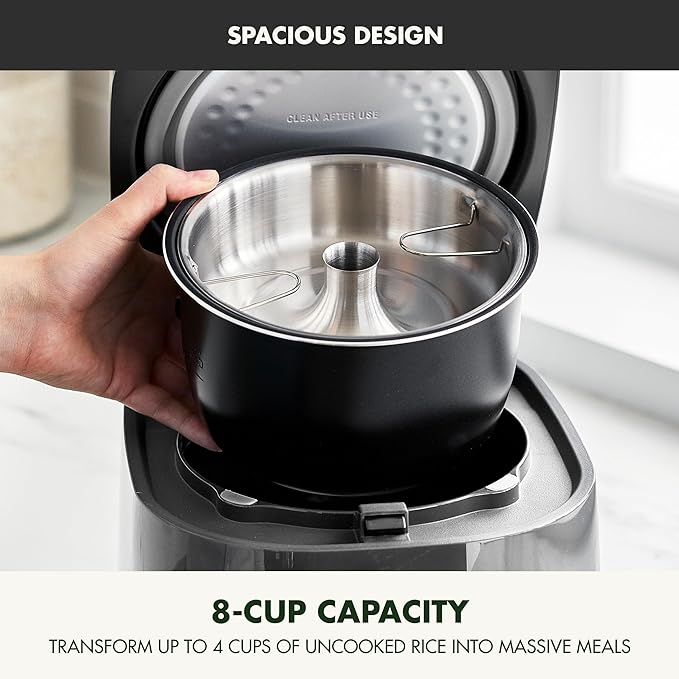 GreenPan Rice Cooker, 8 Cups Cooked (4 Uncooked), Low-Carb & Soup Mode,10 ONE-TOUCH Cooking Presets, PFAS-Free Ceramic Steamer Basket, Fuzzy Logic, Auto Keep Warm, Oats, 24HR Delay Timer, Graphite